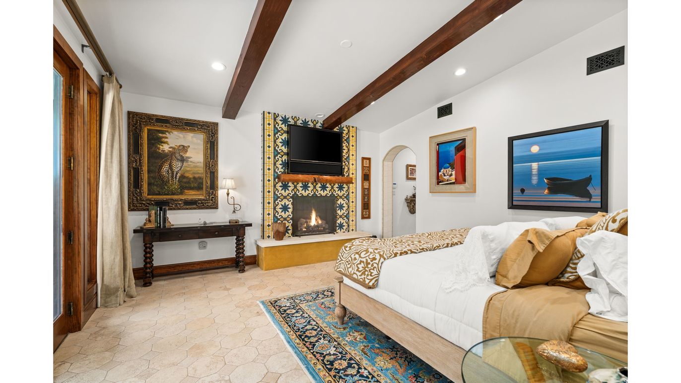 Bedroom, Fireplace, Interior, Recessed Lighting, Wooden Beams