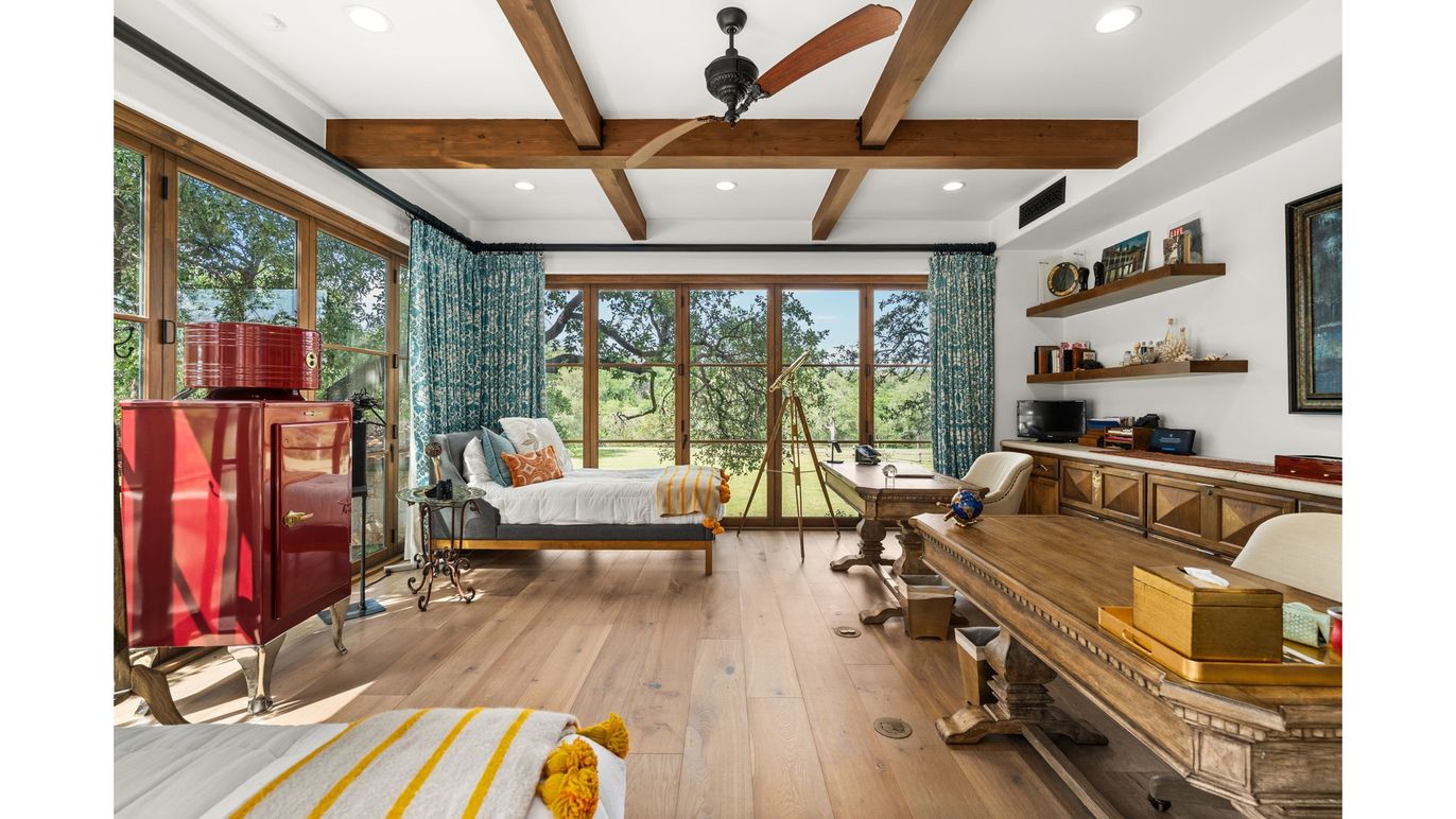 Bedroom, Home Office, Interior, Recessed Lighting, Wooden Beams, Wood Texture Flooring