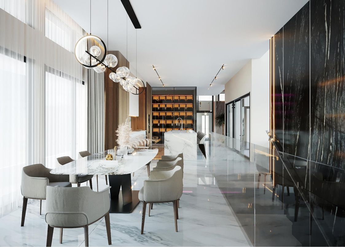 Dining room, Interior, Marble, Pendant Lights