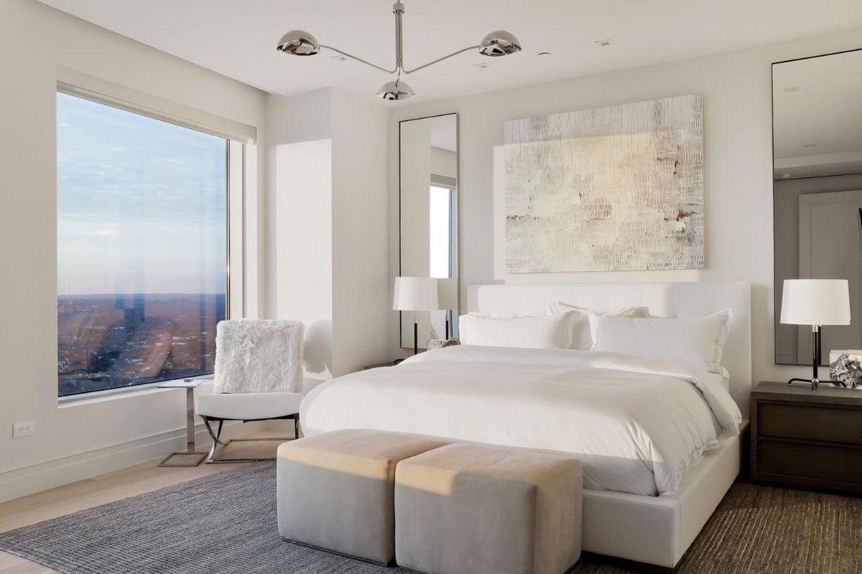 Bedroom, Interior, Pendant Lights, Water, Wood Texture Flooring