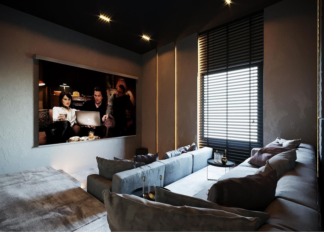 Interior, Living room, Projection Screen, Recessed Lighting, Theatre Room