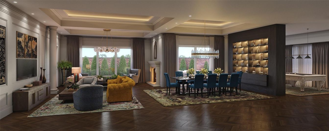 Chandelier, Dining room, Interior, Living room, Recessed Lighting, Wood Texture Flooring