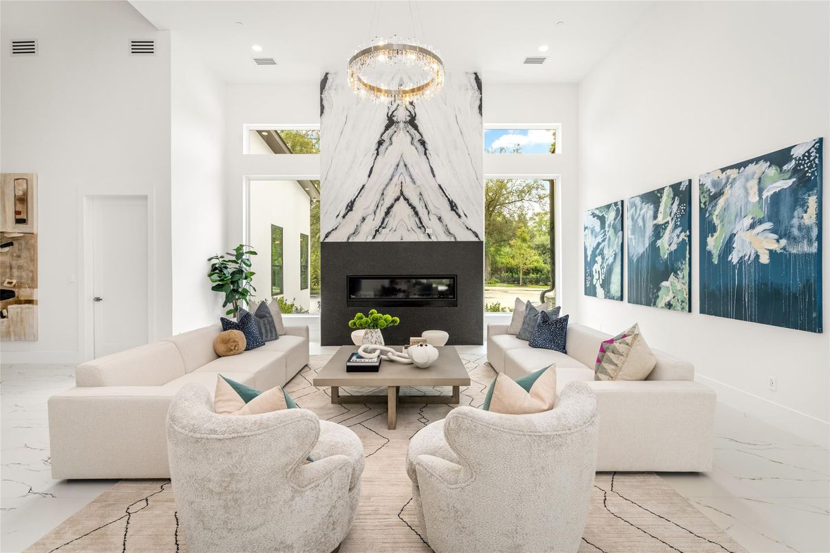 Fireplace, Interior, Living room, Marble, Pendant Lights, Recessed Lighting