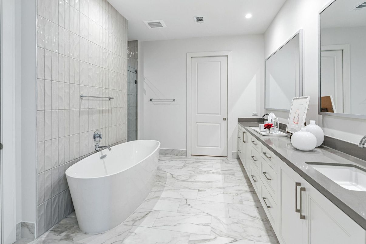 Bathroom, Dual Sink Vanities, Free Standing Baths, Interior, Marble, Recessed Lighting