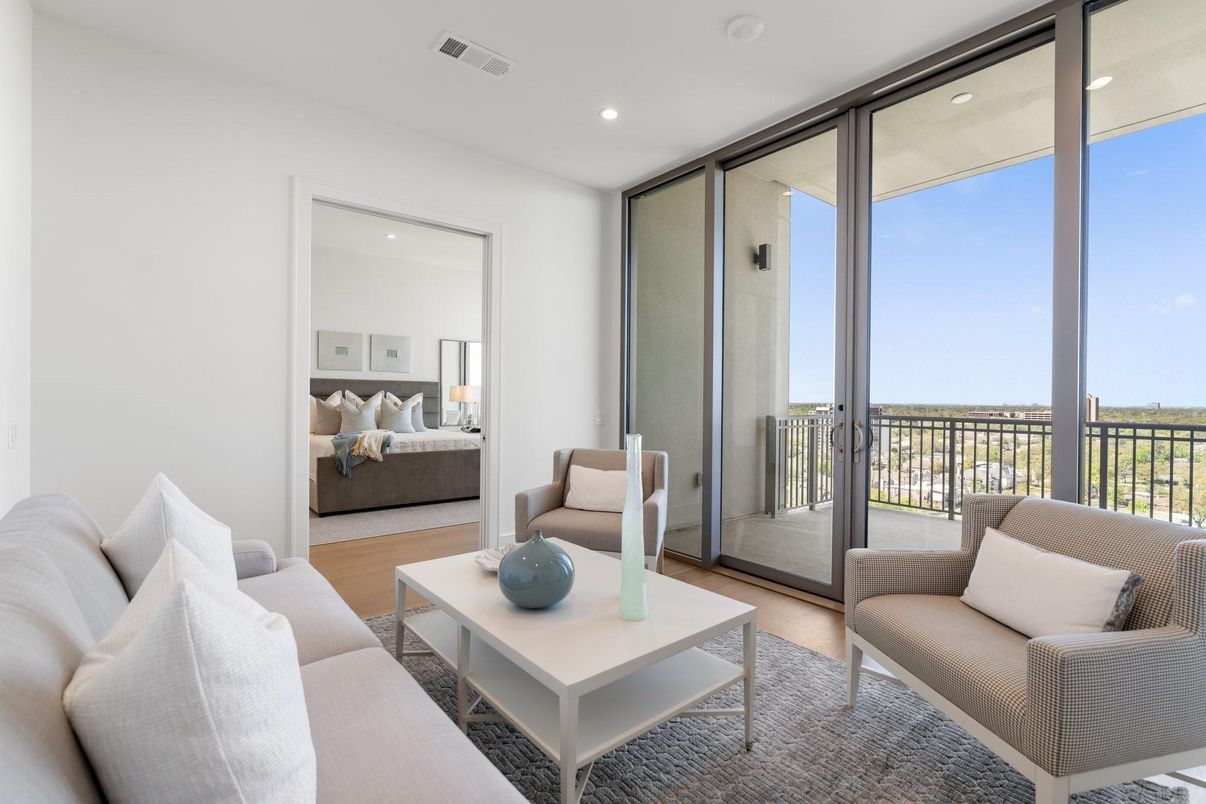 Bedroom, Interior, Living room, Recessed Lighting, Water, Wood Texture Flooring