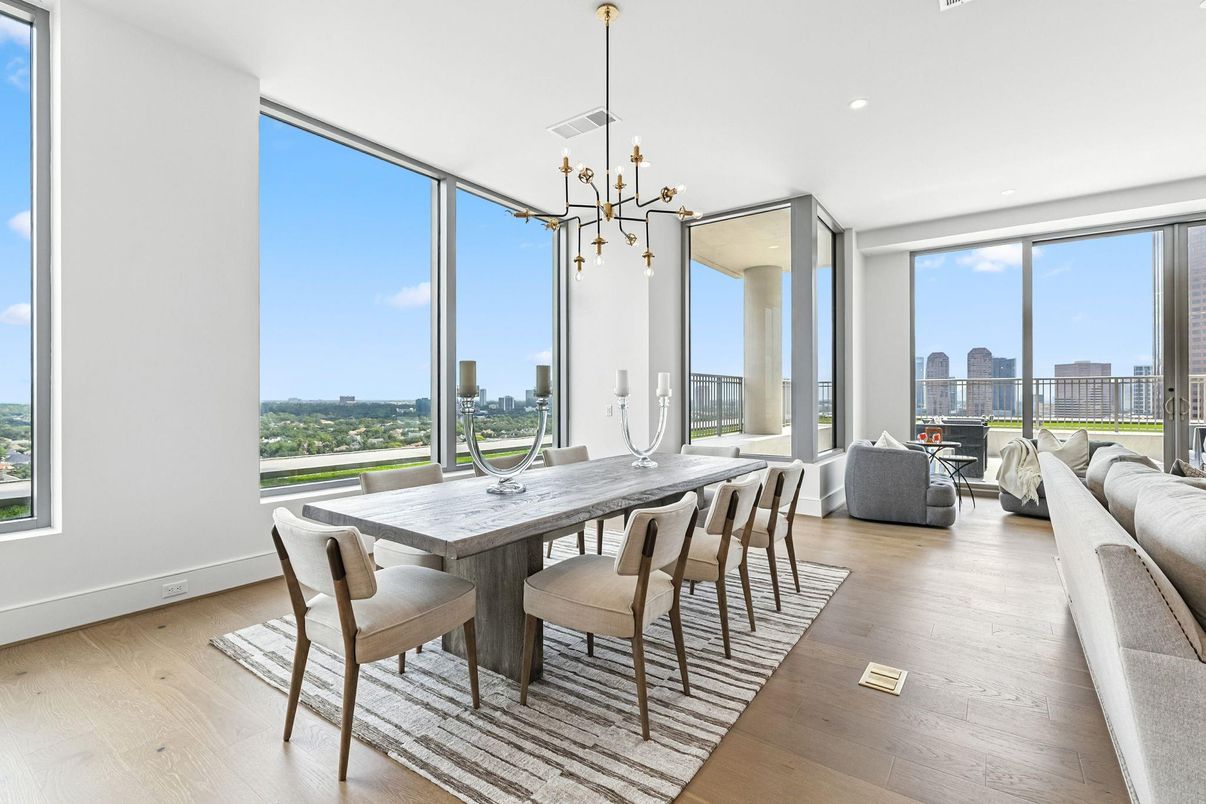 Dining room, Interior, Living room, Pendant Lights, Recessed Lighting, Wood Texture Flooring