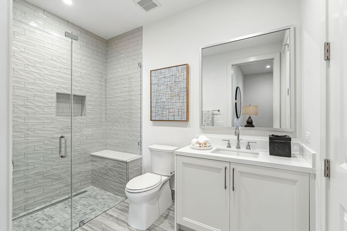 Bathroom, Glass Shower, Interior, Recessed Lighting, Wood Texture Flooring