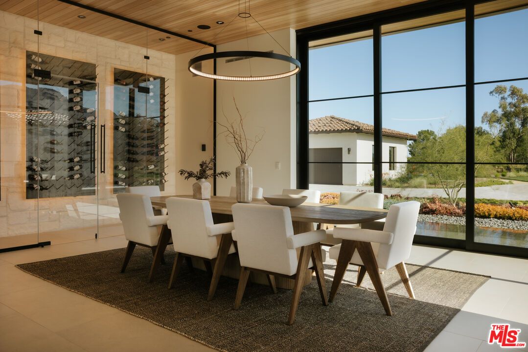 Dining room, Interior, Pendant Lights, Recessed Lighting, Wine Storage, Wooden Ceilings