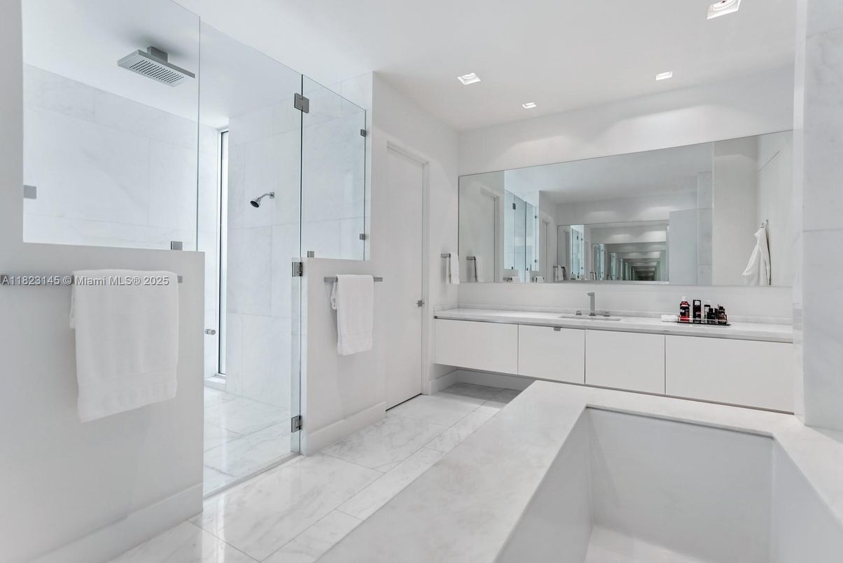 Bathroom, Dual Sink Vanities, Glass Shower, Interior, Marble, Recessed Lighting