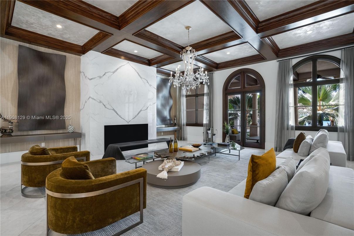 Chandelier, Fireplace, Interior, Living room, Marble Walls, Recessed Lighting, Wooden Beams