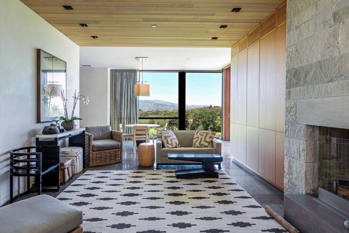 Interior, Living room, Recessed Lighting, Stone Walls, Wooden Ceilings