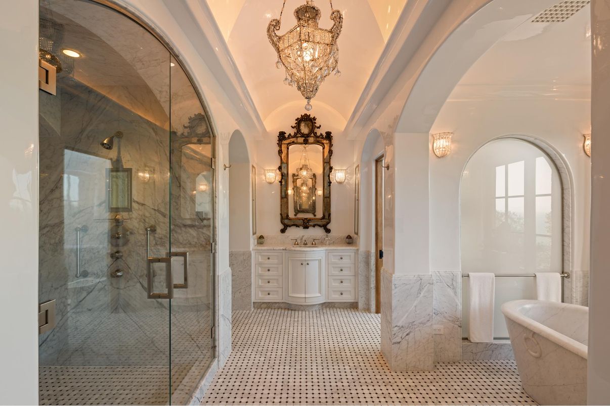 Bathroom, Chandelier, Glass Shower, Interior, Marble, Marble Walls