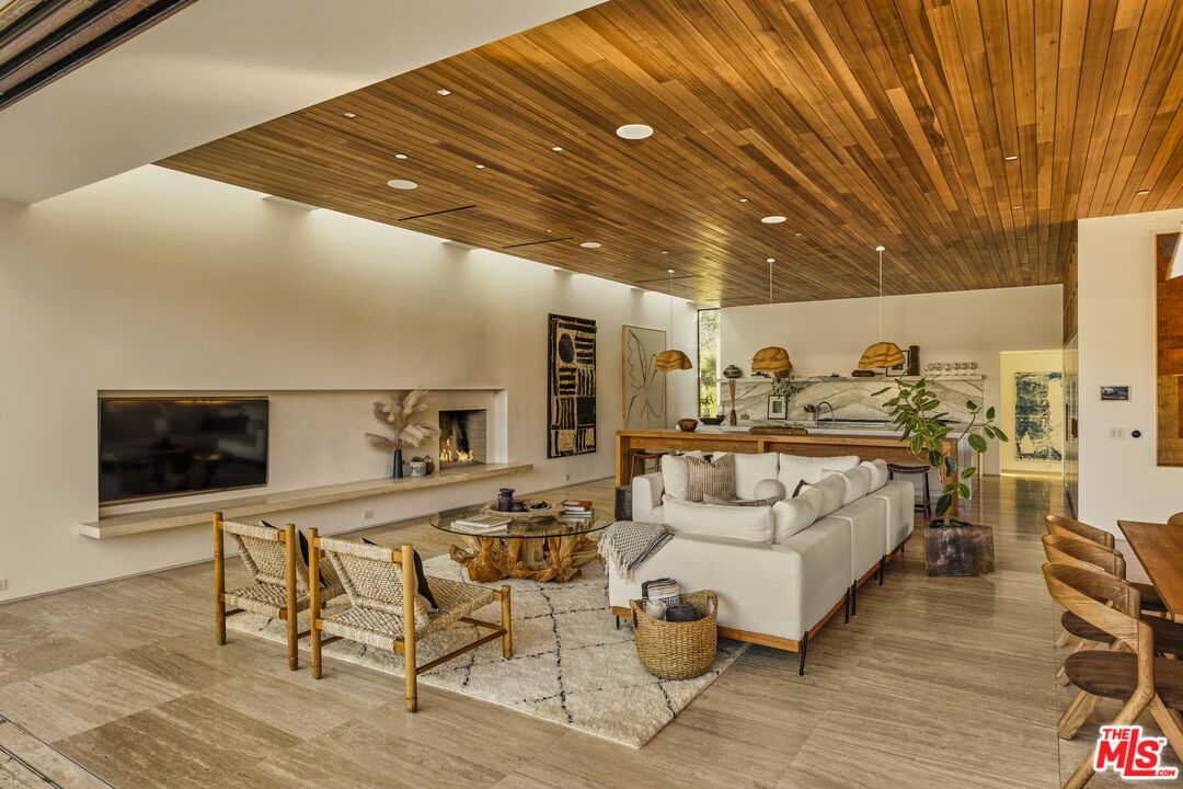 Fireplace, Interior, Living room, Pendant Lights, Recessed Lighting, Wooden Ceilings