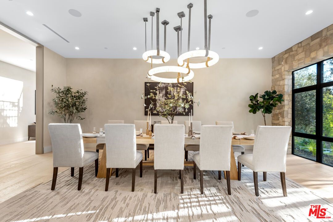 Dining room, Interior, Pendant Lights, Recessed Lighting, Wood Texture Flooring